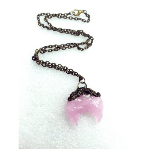 Pink moon and pyrite crystal Necklace - Picture 6 of 11